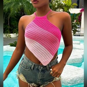 Barbie Pink Crochet Halter Top Open Back